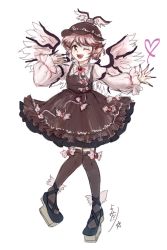 Rule 34 | 1girl, animal ears, bird ears, bird wings, blush, brown dress, brown eyes, brown headwear, brown thighhighs, dress, fingernails, frilled sleeves, frills, full body, heart, highres, juliet sleeves, katari, long fingernails, long sleeves, mystia lorelei, nail polish, one eye closed, open mouth, pink hair, puffy sleeves, purple nails, short hair, signature, simple background, smile, solo, thighhighs, touhou, white background, white wings, wide sleeves, winged hat, wings