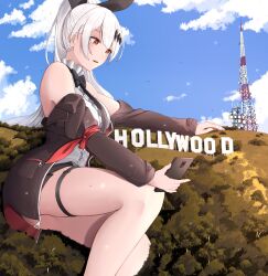 Rule 34 | 1girl, absurdres, bare shoulders, breasts, brown eyes, cleavage, five-seven (girls&#039; frontline), giant, giantess, girls&#039; frontline, highres, holding, holding phone, long hair, medium breasts, phone, ponytail, ribbon, sitting, solo, thighs, white hair