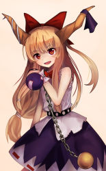 Rule 34 | 1girl, ball and chain restraint, bare shoulders, belt, blouse, bow, cowboy shot, gourd, hair bow, hako momiji, horn ornament, horn ribbon, horns, ibuki suika, long hair, looking at viewer, low-tied long hair, open mouth, orange hair, pink background, red eyes, ribbon, shirt, skirt, smile, solo, torn clothes, touhou, very long hair, wrist cuffs