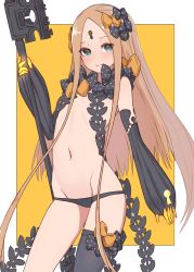 Rule 34 | 1girl, abigail williams (fate), abigail williams (second ascension) (fate), bare shoulders, black bow, black panties, black thighhighs, blonde hair, blue eyes, border, bow, breasts, closed mouth, detached sleeves, fate/grand order, fate (series), forehead, hair bow, key, keyhole, kopaka (karda nui), long hair, multiple hair bows, navel, orange bow, panties, parted bangs, ribbed sleeves, single thighhigh, small breasts, smile, staff, thighhighs, thighs, underwear, white border, yellow background