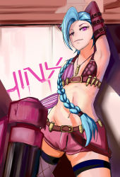 Rule 34 | 1girl, absurdres, akiracha, arm up, armpits, bad id, bad pixiv id, bandolier, belt, bikini, bikini top only, blue hair, bullet, character name, fishnet thighhighs, fishnets, flat chest, highres, jinx (league of legends), league of legends, midriff, navel, purple eyes, raised eyebrow, short shorts, shorts, single thighhigh, solo, swimsuit, thigh strap, thighhighs