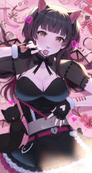 Rule 34 | 10 (user cwuu4848), 1girl, absurdres, animal ear hairband, animal ears, black cat, black gloves, black hair, black skirt, breasts, candy, cat, cat ear hairband, cat ears, choker, cleavage, clothing cutout, collarbone, demon cat, fake animal ears, fingerless gloves, fingernails, food, frilled choker, frills, gloves, gradient hair, hairband, heart, heart cutout, highres, idolmaster, idolmaster shiny colors, lollipop, looking at viewer, mayuzumi fuyuko, medium breasts, midriff, multicolored hair, nail polish, navel, official alternate costume, pink hair, pixel heart, see-through, see-through sleeves, skirt, solo, stomach