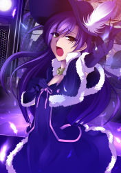 Rule 34 | 1girl, absurdres, brown eyes, capelet, choker, dress, elbow gloves, feathers, gloves, hat, highres, idolmaster, idolmaster (classic), kisaragi chihaya, kj (colors004), long hair, music, open mouth, purple hair, singing, solo, tears, television