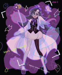 Rule 34 | 1girl, asymmetrical legwear, black garlic cookie, black hair, camera, cookie run, english text, full body, ghost, hair ornament, hair over one eye, happy, highres, humanization, mamimumemo, mismatched legwear, open mouth, personification, recording, skull, skull hair ornament, sleeves past wrists, smile, solo, sparkling eyes