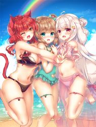 Rule 34 | 3girls, :d, ;d, ahoge, animal ears, aqua eyes, aqua nails, aqua one-piece swimsuit, armpits, bare arms, bare legs, bare shoulders, barefoot, bead bracelet, beads, bikini, black bikini, blue sky, blush, bracelet, breasts, brown eyes, brown hair, cat ears, cat girl, cat tail, cleavage, clothing cutout, cloud, commentary request, day, fang, frills, girl sandwich, groin, hair bun, hair ornament, hand up, heart, heart ahoge, heart cutout, heart hair ornament, jewelry, large breasts, leg up, long hair, looking at viewer, multiple girls, nail polish, navel, navel cutout, one-piece swimsuit, one eye closed, open mouth, original, outdoors, pink bikini, rainbow, red eyes, red hair, sandwiched, sarong, side-by-side, silver hair, single hair bun, skindentation, sky, smile, standing, standing on one leg, stomach, suzunone rena, swimsuit, tail, thigh strap, thighs, very long hair, w, x hair ornament