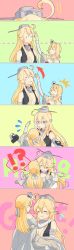 Rule 34 | !?, 10s, 2girls, :3, aged down, ahoge, blonde hair, blush stickers, breasts, cleavage, closed eyes, collar, comic, crown, dress, elbow gloves, flying sweatdrops, gloves, hairband, hand in another&#039;s hair, hat, height difference, highres, hug, iowa (kancolle), jewelry, kantai collection, leaning back, lifting person, long hair, long sleeves, mini crown, multiple girls, necklace, off-shoulder dress, off shoulder, open mouth, reaching, reaching towards viewer, sidelocks, silent comic, sleeveless, smile, surprised, tachikoma (mousou teikoku), warspite (kancolle), yellow eyes