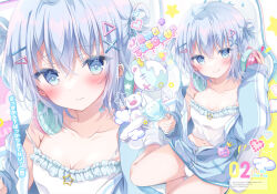Rule 34 | 1girl, bare shoulders, blue jacket, blue nails, blush, bow, bow panties, breasts, camisole, candy, cleavage, closed mouth, collarbone, commentary request, food, frilled camisole, frills, hair ornament, hairclip, hand on headphones, hand up, heart, holding, holding candy, holding food, holding lollipop, jacket, lollipop, long sleeves, medium breasts, multiple views, nail polish, open clothes, open jacket, original, panties, picpicgram, puffy long sleeves, puffy sleeves, sleeves past wrists, smile, strap slip, stuffed animal, stuffed toy, teddy bear, translation request, underwear, white camisole, white panties, x hair ornament