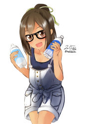Rule 34 | 10s, 1girl, :d, bad id, bad pixiv id, bespectacled, bottle, brown eyes, brown hair, glasses, i-401 (kancolle), kantai collection, nekobaka, open mouth, overalls, ponytail, red eyes, school swimsuit, short hair, simple background, smile, solo, sweat, swimsuit, swimsuit under clothes, water bottle