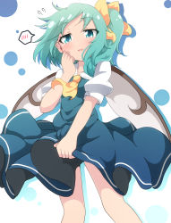 Rule 34 | 1girl, aqua eyes, ascot, blue dress, blush, commentary request, daiyousei, do (4-rt), dress, dress tug, fairy wings, green hair, hair ribbon, highres, long hair, looking at viewer, open mouth, puffy short sleeves, puffy sleeves, ribbon, short sleeves, side ponytail, simple background, solo, spoken blush, touhou, white background, wings, yellow ascot, yellow ribbon
