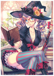 Rule 34 | 1girl, black cat, black gloves, blue eyes, book, boots, breasts, broom, brown hair, cat, chair, cleavage, glasses, gloves, hat, large breasts, legs, lining, nishimura eri, original, patterned legwear, red-framed eyewear, shelf, socks, striped clothes, striped thighhighs, thighhighs, twintails, vertical-striped clothes, vertical-striped thighhighs, vial, window, witch hat