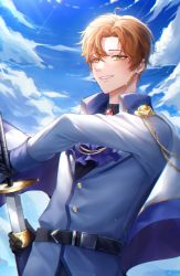 Rule 34 | absurdres, belt, black belt, black shirt, blue sky, cloud, coat, collared jacket, drawing sword, earrings, formal, gold trim, highres, holding, holding sword, holding weapon, jacket, jewelry, kaitou shinshi no harahara!? white day (project sekai), long sleeves, open mouth, orange hair, project sekai, shinonome akito, shirt, short hair, sky, smile, standing, suit, sword, upper body, weapon, white coat, youwon0417