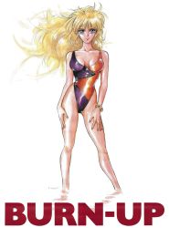 Rule 34 | 1990s (style), 1girl, blonde hair, bracelet, breasts, breasts apart, burn-up, casual one-piece swimsuit, contrapposto, copyright name, facing viewer, hands on thighs, highleg, highleg swimsuit, highres, jewelry, long hair, looking at viewer, maki (burn-up), medium breasts, mon mon, non-web source, official art, one-piece swimsuit, purple eyes, retro artstyle, simple background, smile, solo, standing, swimsuit, wading, white background