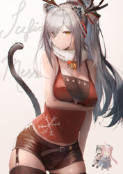 Rule 34 | 1girl, absurdres, animal ear fluff, animal ears, antlers, arknights, bandeau, bare arms, bare shoulders, bell, black shorts, black thighhighs, bow, breast hold, breasts, camisole, cat ears, cat tail, ceylon (arknights), character doll, commentary request, cowboy shot, fake antlers, garter straps, grey background, hair bow, highres, horns, ioriwu8, long hair, looking at viewer, medium breasts, midriff peek, official alternate costume, scarf, schwarz (arknights), schwarz (presents) (arknights), short shorts, shorts, silver hair, solo, spaghetti strap, standing, tail, thighhighs, white scarf, yellow eyes