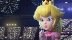 Rule 34 | 1girl, 3d, animated, animated gif, blonde hair, blue eyes, clapping, crown, earrings, fireworks, happy, jewelry, long hair, lowres, mario (series), mario golf, mario golf: super rush, nintendo, official art, pink lips, ponytail, princess peach, smile, solo, stadium, stadium lights, upper body