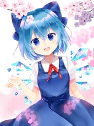 Rule 34 | 1girl, :d, adapted costume, arm up, blue dress, blue eyes, blue hair, bow, branch, breasts, cherry blossom print, cherry blossoms, cirno, commentary request, cowboy shot, dress, floral print, gradient background, hair between eyes, hair bow, highres, ice, leaning to the side, looking at viewer, neck ribbon, open mouth, partial commentary, pinafore dress, pink background, puffy short sleeves, puffy sleeves, red neckwear, ribbon, shiny clothes, shirt, short hair, short sleeves, simple background, sleeveless dress, small breasts, smile, standing, touhou, white background, white shirt, wings, yurara (aroma42enola)