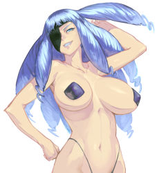 Rule 34 | 1girl, arm up, bad id, bad pixiv id, blue eyes, blue hair, breasts, character request, chyko7080, eyepatch, grin, highleg, highres, large breasts, looking at viewer, matching hair/eyes, navel, pasties, simple background, smile, solo, white background