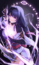 Rule 34 | 1girl, absurdres, arm up, armor, bakemonsou, black background, black thighhighs, braid, breasts, bridal gauntlets, cleavage, electricity, feet out of frame, floating hair, genshin impact, glowing, gradient background, highres, holding, holding sword, holding weapon, human scabbard, japanese clothes, kimono, large breasts, long hair, looking at viewer, low-braided long hair, low-tied long hair, mitsudomoe (shape), musou isshin (genshin impact), obi, obiage, obijime, parted lips, profile, purple hair, purple kimono, raiden shogun, red sash, sash, short hair, short kimono, shoulder armor, shrug (clothing), sideways glance, single braid, sword, tassel, thighhighs, thighs, tomoe (symbol), very short hair, vision (genshin impact), weapon, wide sleeves