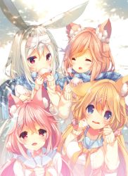 Rule 34 | 4girls, :d, amamiya aki, amamiya mei, animal ear fluff, animal ears, baozi, blonde hair, blue eyes, blue sailor collar, blue scarf, blush, breasts, brown hair, brown neckerchief, closed eyes, commentary, cynthia riddle, eating, food, frilled hairband, frills, fringe trim, hair between eyes, hair ornament, hairband, hairclip, highres, holding, holding food, long hair, low twintails, medium breasts, milia leclerc, mofu-mofu after school, multiple girls, neckerchief, open mouth, p19, pink hair, plaid, plaid scarf, rabbit ears, red eyes, sailor collar, scarf, school uniform, serafuku, shared clothes, shared scarf, shirt, smile, steam, symbol-only commentary, twintails, very long hair, virtual youtuber, white hairband, white shirt, x hair ornament