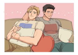 Rule 34 | 2boys, ao isami, black hair, blonde hair, blush, couch, couple, cowboy shot, facial hair, hand on another&#039;s head, hn yasum, lewis smith, male focus, multiple boys, on couch, pants, pectorals, pillow, pink background, side-by-side, sideburns stubble, smile, stubble, thick eyebrows, toned, toned male, yaoi, yuuki bakuhatsu bang bravern