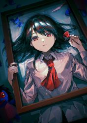 Rule 34 | 1girl, absurdres, ascot, black hair, chromatic aberration, collared shirt, commentary request, doll, doll (ib), dress shirt, empty picture frame, flat chest, flower, hair spread out, highres, holding, holding flower, ib (ib), ib (kouri), long hair, long sleeves, looking at viewer, lying, nowatari hii, on back, on floor, palette knife, parted lips, petals, picture frame, red ascot, red eyes, red flower, red rose, rose, shirt, solo focus, tile floor, tiles, white shirt