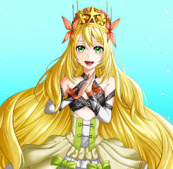 Rule 34 | 1girl, bare shoulders, blonde hair, blue background, bow, butterfly hair ornament, celine (fire emblem), crown, detached sleeves, dress, fire emblem, fire emblem engage, flower, green bow, green eyes, hair flower, hair ornament, highres, long hair, looking at viewer, lost (su-pa-buru), nintendo, open mouth, orange bow, own hands together, solo, teeth, very long hair, wrist bow