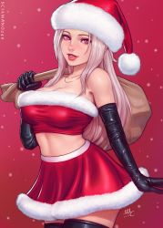 Rule 34 | 1girl, black gloves, black thighhighs, breasts, bright pupils, chloe (sciamano240), christmas, cleavage, commentary request, cowboy shot, crop top, elbow gloves, freckles, fur trim, gloves, hand up, hat, highres, holding, jewelry, large breasts, lipstick, long hair, looking at viewer, makeup, midriff, necklace, original, parted lips, pink eyes, pink hair, red background, red hat, red lips, red skirt, sack, santa costume, santa hat, sciamano240, signature, skirt, smile, snowflakes, snowing, solo, standing, thighhighs