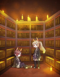 Rule 34 | 1boy, 1girl, animal ears, black jacket, black socks, bookshelf, brown hair, candle, closed mouth, commentary request, dog ears, garter straps, harvest fes, jacket, librarian (project moon), library of ruina, light brown hair, long hair, long sleeves, open mouth, ponytail, project moon, red eyes, ribbon, short hair, shorts, sitting, smile, socks, standing, white footwear, white ribbon, white shorts, yellow eyes