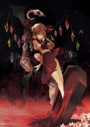 Rule 34 | 1girl, absurdres, ascot, bat wings, blonde hair, closed mouth, coffin, commentary, crystal, english commentary, flandre scarlet, full body, hat, highres, looking at viewer, medium hair, mob cap, naufaldreamer, no panties, one side up, red eyes, red skirt, skirt, skull, solo, thigh strap, thighs, touhou, white hat, wings, yellow ascot