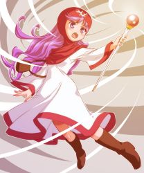 Rule 34 | 1girl, boots, chunsoft, cpro, dragon quest, dragon quest ii, dress, enix, female focus, full body, gradient background, hood, long hair, open mouth, princess of moonbrook, purple eyes, purple hair, solo, staff