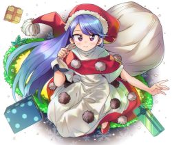 Rule 34 | 1girl, alternate color, anarogumaaa, blue hair, blush, box, closed mouth, commentary request, doremy sweet, dress, full body, gift, gift box, hat, holding, long hair, outstretched arm, polka dot, pom pom (clothes), purple eyes, red dress, red footwear, red hat, sack, santa costume, santa hat, shoes, simple background, smile, snowflakes, solo, swept bangs, touhou, very long hair, white background, wreath