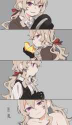 Rule 34 | 1girl, absurdres, black gloves, black vest, blonde hair, brown jacket, collarbone, collared shirt, commentary request, fud, gloves, grey background, hair ribbon, highres, jacket, long hair, looking at viewer, multiple views, parted lips, purple eyes, red ribbon, ribbon, saijou claudine, shirt, shoujo kageki revue starlight, smile, translation request, upper body, vest, waistcoat, white shirt