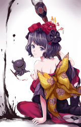 Rule 34 | 1girl, blunt bangs, bow, calligraphy brush, creature, fate/grand order, fate (series), fengya, flower, hair flower, hair ornament, highres, ink, japanese clothes, katsushika hokusai (fate), kimono, large bow, looking at viewer, looking back, octopus, paintbrush, red flower, short hair, sitting