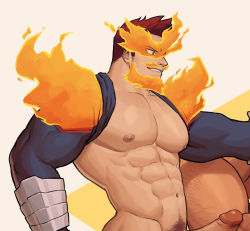 Rule 34 | 2boys, abs, bara, bare pectorals, beard, blue eyes, boku no hero academia, clothes lift, crossover, dark-skinned male, dark skin, endeavor (boku no hero academia), erection, facial hair, fiery hair, fire, helbai, highres, himcules, imminent anal, imminent penetration, interracial, large pectorals, leg hair, male focus, male pubic hair, mature male, multiple boys, muscular, muscular male, my life as a teenage robot, nipples, paid reward available, pectorals, penis, pubic hair, red hair, scar, scar across eye, scar on face, shirt behind neck, shirt lift, short hair, sideburns, smirk, spiked hair, stomach, stubble, uncensored, yaoi