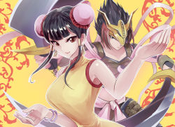 Rule 34 | 2girls, black hair, bracelet, bun cover, chinese clothes, double bun, dragon lady, dress, duel monster, hair bun, holding, holding sword, holding weapon, jewelry, k.nock, long hair, looking at viewer, multiple girls, outline, red eyes, sidelocks, sleeveless, sleeveless dress, sword, upper body, vivian wong, weapon, white outline, yellow background, yellow dress, yu-gi-oh!, yu-gi-oh! duel monsters