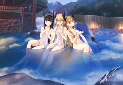 Rule 34 | 2014, 3girls, arazand, architecture, bathing, black hair, blonde hair, blue eyes, blunt bangs, breasts, choko (cup), covering privates, covering breasts, cup, day, demon horns, demon tail, east asian architecture, fence, forest, hair between eyes, highres, holding, horns, lamp, leaning on person, light smile, long hair, looking at viewer, medium breasts, mountain, multiple girls, nature, nude, onsen, orange hair, original, outdoors, partially submerged, red eyes, signature, sitting, small breasts, stone wall, tail, towel, wall, water, waterfall, wooden fence, yellow eyes