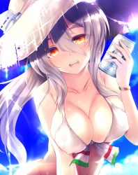 Rule 34 | 1girl, :d, ai takurou, alternate costume, beer can, bikini, bikini top only, blush, breasts, brown eyes, can, cleavage, cloud, collarbone, covered erect nipples, day, drink can, drunk, grey hair, hair between eyes, hat, holding, holding can, italian flag, kantai collection, large breasts, long hair, looking at viewer, open mouth, pola (kancolle), round teeth, sky, smile, solo, straw hat, sunlight, swimsuit, teeth, upper body, wavy hair, white bikini, wristband