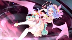Rule 34 | 1girl, bat wings, blue hair, dutch angle, female focus, flying, hat, highres, magical girl, panties, red eyes, remilia scarlet, reversed, riputon (lipton sabou), solo, thighhighs, touhou, underwear, wand, white thighhighs, wings