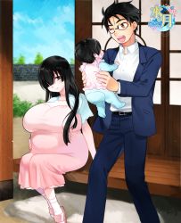 Rule 34 | 1girl, 2boys, black hair, breasts, father and son, glasses, happy, holding baby, huge breasts, husband and wife, mother and son, multiple boys, pregnant, sitting, standing, sudachi (omc)