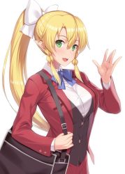 Rule 34 | 1girl, :d, alternate costume, bag, black bag, black vest, blonde hair, blue bow, blush, bow, braid, collared shirt, commentary request, dress shirt, green eyes, hair between eyes, hair bow, hand up, highres, jacket, kawase seiki, leafa, long hair, long sleeves, looking at viewer, open mouth, pleated skirt, pointy ears, red jacket, red skirt, shirt, shoulder bag, sidelocks, simple background, skirt, smile, solo, sword art online, teeth, twin braids, upper teeth only, very long hair, vest, white background, white bow, white shirt