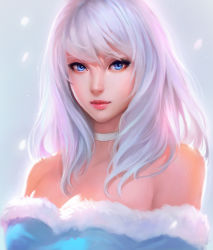 Rule 34 | 1girl, bare shoulders, blue eyes, chaosringen, choker, closed mouth, commission, dress, fur trim, glowing, highres, lips, long hair, looking at viewer, original, portrait, simple background, solo, strapless, strapless dress, white hair