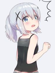 Rule 34 | 1girl, ^^^, bare arms, bare shoulders, black camisole, blue eyes, blush, camisole, commentary request, gochuumon wa usagi desu ka?, grey background, hair between eyes, hair ornament, highres, houjichaoic, kafuu chino, looking at viewer, looking back, open mouth, ponytail, sidelocks, silver hair, simple background, solo, upper body, x hair ornament