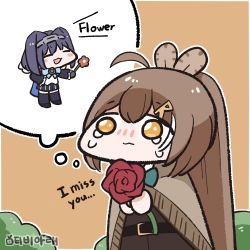 Rule 34 | 2girls, :3, ahoge, artist name, belt, black thighhighs, blue hair, blush, bow, brown hair, bush, chain, closed eyes, closed mouth, emaka, feather hair ornament, feathers, flower, full body, hair between eyes, hair ornament, high ponytail, holding, holding flower, hololive, hololive english, long hair, medium hair, multiple girls, nanashi mumei, open mouth, ouro kronii, rose, simple background, tears, thighhighs, thought bubble, virtual youtuber, yellow eyes