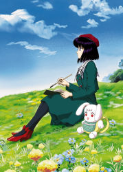 Rule 34 | 1990s (style), 1girl, beret, bishoujo senshi sailor moon, black hair, black pantyhose, blue skirt, book, canvas (object), cloud, day, doll, flower, from side, full body, grass, happy, hat, high heels, hino ryutaro, long sleeves, outdoors, paintbrush, painting (action), pantyhose, purple eyes, red footwear, retro artstyle, sailor saturn, shoes, short hair, sitting, skirt, sky, smile, solo, stuffed animal, stuffed rabbit, stuffed toy, tomoe hotaru
