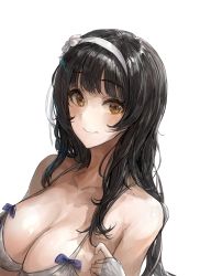 Rule 34 | 1girl, bare shoulders, bikini, black hair, blue bow, blunt bangs, blush, bow, breasts, brown eyes, chan1moon, cleavage, closed mouth, collarbone, fingerless gloves, girls&#039; frontline, gloves, grey bikini, grey gloves, hairband, highres, large breasts, long hair, official alternate costume, simple background, smile, solo, swimsuit, type 95 (girls&#039; frontline), type 95 (summer cicada) (girls&#039; frontline), upper body, very long hair, white background, white hairband