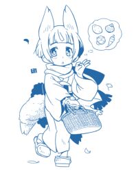 Rule 34 | 1girl, animal ears, basket, bob cut, extra ears, fox ears, fox girl, fox tail, full body, holding, holding basket, japanese clothes, kimono, kukuri (mawaru), long sleeves, looking at viewer, mawaru (mawaru), multiple tails, obi, open mouth, original, sash, scarf, short hair, simple background, solo, standing, tail, thought bubble, triangle mouth, white background, white kimono, white scarf