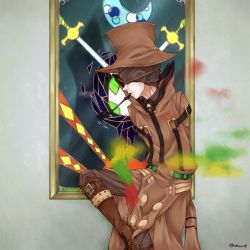 Rule 34 | 1boy, amaco4, beheeyem, blindfold, boots, brown footwear, covered eyes, creatures (company), crescent moon, game freak, gen 5 pokemon, hat, male focus, moon, nintendo, no arms, personification, pokemon, reflection, smoking pipe, stained glass, sword, top hat, twitter username, weapon