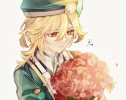Rule 34 | 1boy, akademiya uniform, badge, beret, blonde hair, bouquet, closed mouth, commentary request, dated, expressionless, eyelashes, flower, genshin impact, gold trim, green hat, green jacket, hair between eyes, hat, highres, holding, holding bouquet, jacket, kaveh (genshin impact), lens flare, light particles, long hair, male focus, open clothes, open jacket, parted bangs, petals, red eyes, red flower, sakura11587158, shirt, sidelocks, simple background, solo, upper body, white background, white shirt