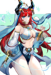 Rule 34 | 1girl, bare shoulders, blue eyes, breasts, commentary request, cowboy shot, detached sleeves, genshin impact, hand up, highres, horns, kuroha (rockluo213), large breasts, long hair, looking at viewer, midriff, navel, nilou (genshin impact), red hair, solo, standing, stomach, thighs, veil, very long hair