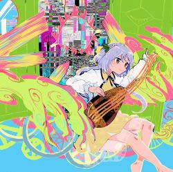 Rule 34 | 1girl, abstract, brown eyes, commentary request, door, dress, floating, flower, highres, instrument, itomugi-kun, light purple hair, long hair, long sleeves, lute (instrument), open door, purple hair, smile, solo, touhou, tsukumo benben, twintails, wheel, white flower