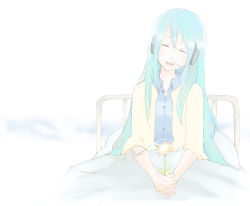 Rule 34 | 1girl, alternate hairstyle, bed, blue hair, breathing tube, dying, closed eyes, flower, hair down, hatsune miku, headphones, highres, holding, holding flower, hospital bed, intravenous drip, long hair, shiningray (vocaloid), sick, smile, solo, tansuke, vocaloid